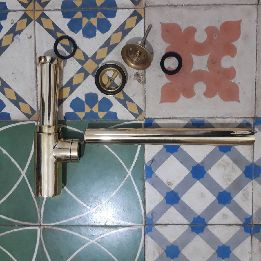 Solid Brass P-Trap with Push Up Drain, 1-1/4" Brass Square Siphon